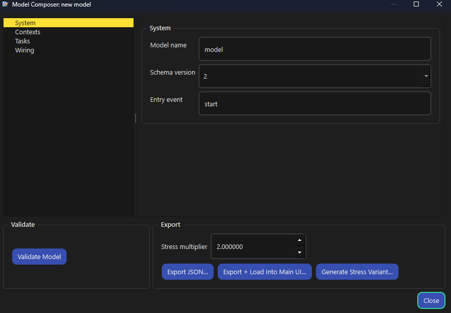 The Model Composer titled new model, showing the System pane with the default model name, schema version and entry event, with the validate and export controls below