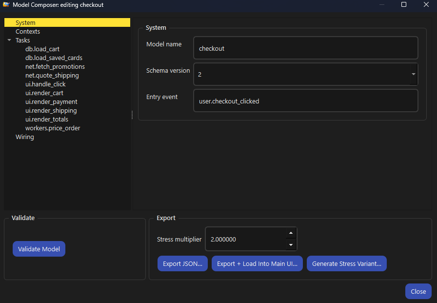 The Model Composer titled editing checkout, showing the checkout model's System pane with its entry event; its ten tasks are listed in the tree on the left