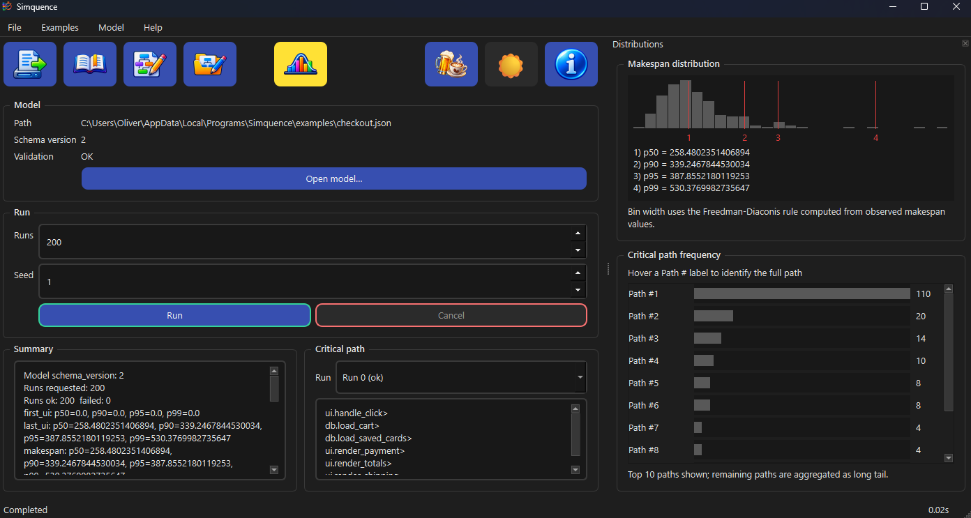The Simquence UI showing a makespan distribution, critical-path frequencies, percentiles and the dominant critical path